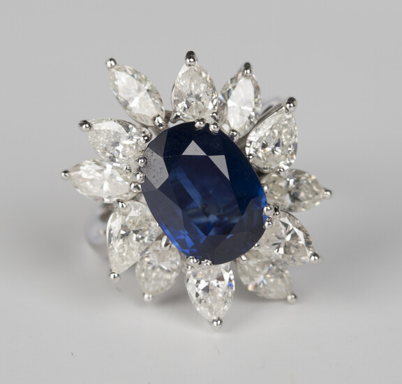 A sapphire and diamond ring, claw set with the oval cut sapphire within a surround of twelve alterna