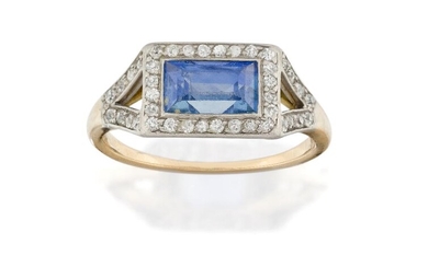 A sapphire and diamond ring, the central collet-set rectangular sapphire with old-brilliant-cut diamond border to diamond bifurcated shoulders, approx. ring size N