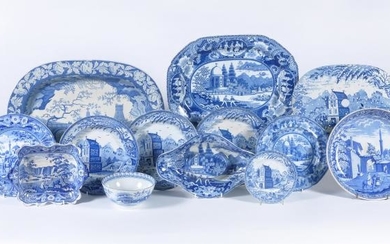 A selection of Staffordshire blue and white printed pearlware decorated with various Eastern scenes