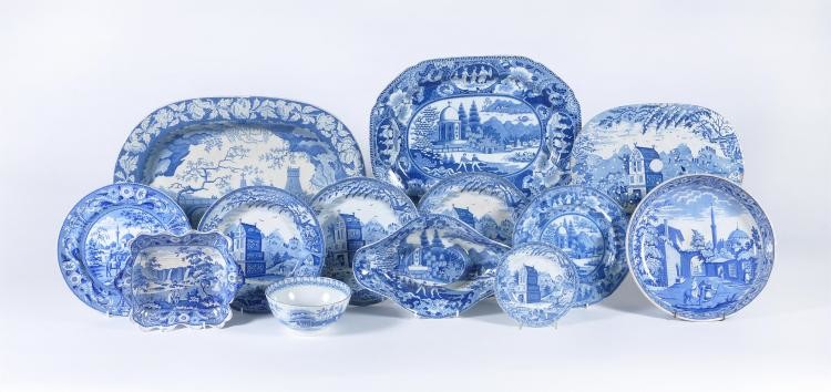A selection of Staffordshire blue and white printed pearlware decorated with various Eastern scenes
