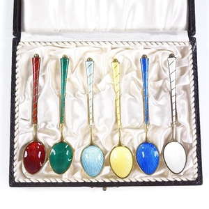 A set of 6 Danish sterling silver-gilt and coloured enamel c...
