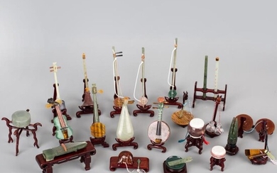 和田玉，碧玉， 各类玉石乐器摆件一组 A set of jade musical instruments