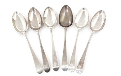 A set of six George III silver dessert spoons.