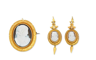 A shell cameo brooch and earrings suite, circa 1870