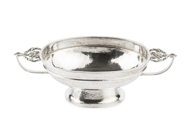 A silver Arts & Crafts design oval pedestal bowl, with...