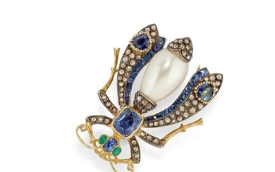 A silver, pearl, diamond and color stone brooch