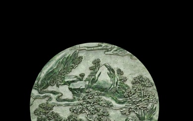 A spinach-green jade 'landscape' circular table screen, Qing dynasty, Qianlong period | 清乾隆 碧玉山水紋圓插屏