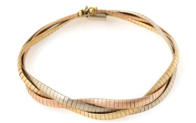 A tri-coloured 18k gold bracelet of gold, white and rose gold. L....