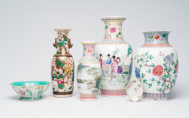 A varied collection of Chinese famille rose and qianjiang cai porcelain with landscapes, figures and...