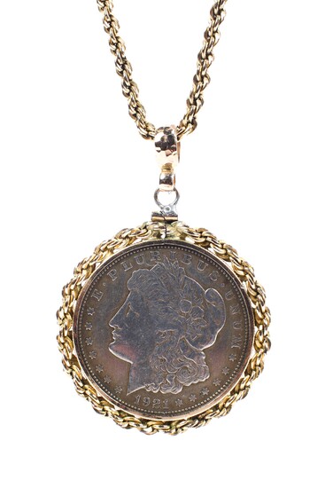 A yellow metal rope twist chain necklace together with a 1921 US one dollar coin pendant