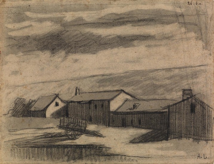 ALBERT LEBOURG (Montfort-sur-Risle 1849-1928 Rouen) View of a Farmstead. Black chalk and brush...
