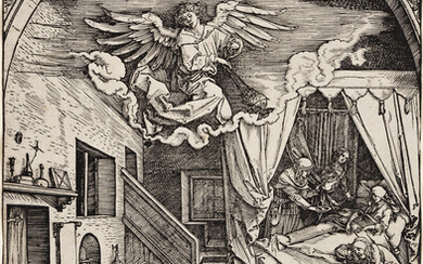 ALBRECHT DÜRER The Birth of the Virgin. Woodcut, circa 1503. 298x212 mm; 11...