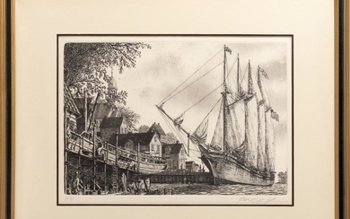 AMERICAN SCHOOL, 20th Century, New England harbor scene, possibly Nantucket., Etching, 13" x 18" sight. Framed 21.5" x 27.5".