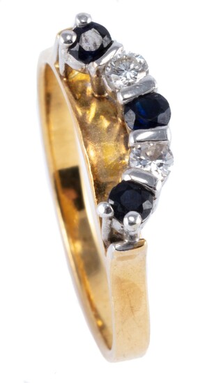 AN 18CT GOLD DIAMOND AND SAPPHIRE RING; crescent shape setting featuring 3 round cut dark blue sapphires and 2 round brilliant cut d...