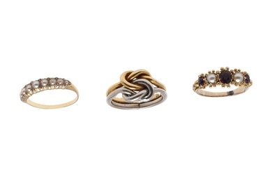 AN 18CT TWO COLOUR GOLD KNOT RING. 10.5 grams, size P, toget...