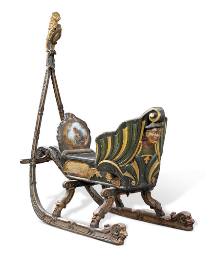 AN ALPINE PARCEL-GILT AND POLYCHROME-PAINTED SLEIGH, 19TH CENTURY, POSSIBLY TYROL