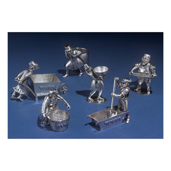 AN AMERICAN SILVER SIX PIECE FIGURAL PASSOVER SET, 20TH CENTURY