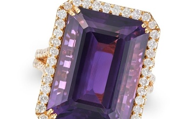 AN AMETHYST AND DIAMOND DRESS RING set with an octagonal step cut amethyst of 19.14 carats in a