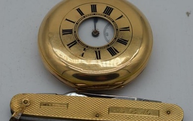 AN ANTIQUE 14CT GOLD HALF HUNTER ENAMELLED POCKET WATCH with 9ct gold cased pocket knife & a yellow
