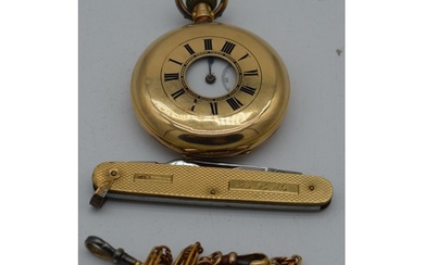 AN ANTIQUE 14CT GOLD HALF HUNTER ENAMELLED POCKET WATCH with...