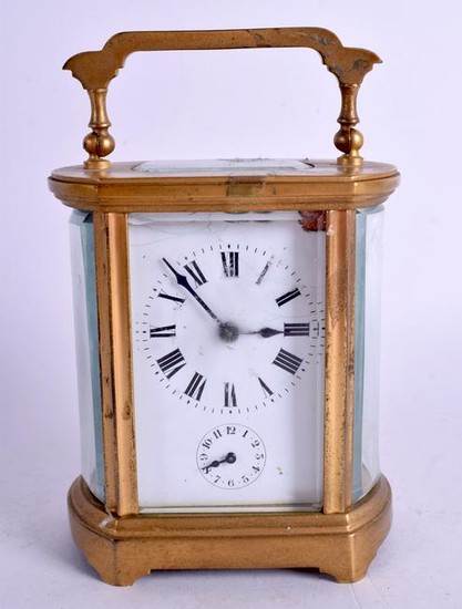 AN ANTIQUE FRENCH BRASS ALARM CARRIAGE CLOCK. 14 cm