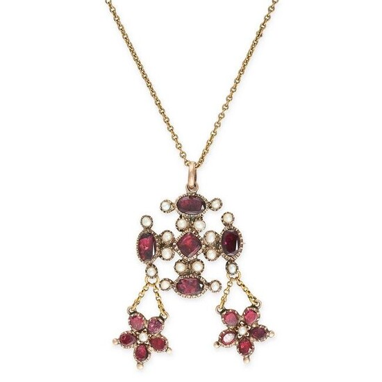 AN ANTIQUE GARNET AND PEARL PENDANT AND CHAIN in yellow