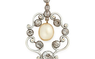 AN ANTIQUE NATURAL PEARL, DIAMOND AND ENAMEL PENDANT in
