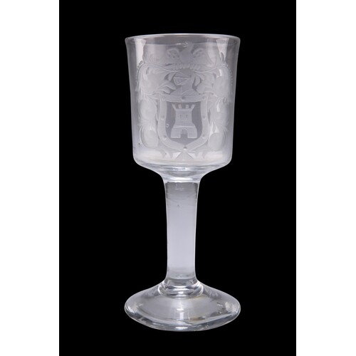 AN ARMORIAL WINE GLASS, CIRCA 1750, the bucket-shaped bowl w...
