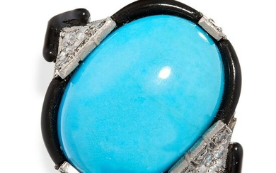 AN ART DECO TURQUOISE, ENAMEL AND DIAMOND RING set with