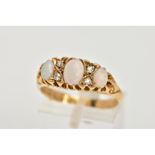 AN EARLY 20TH CENTURY OPAL AND DIAMOND RING, boat shaped des...