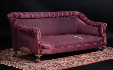 AN EARLY VICTORIAN GILTWOOD AND UPHOLSRERED SOFA