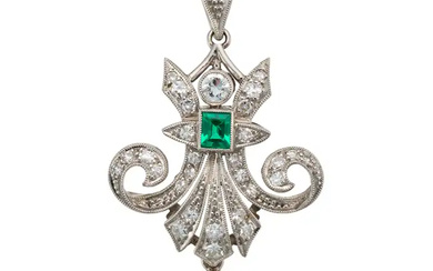 AN EMERALD, DIAMOND AND PEARL PENDANT designed as ...