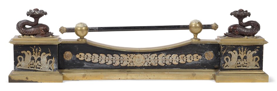 AN EMPIRE BRASS, BRONZE AND PAINTED METAL METAMORPHIC FENDER, EARLY 19TH CENTURY