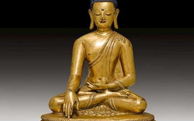 AN EXCELLENT GILT BRONZE FIGURE OF THE SEATED BUDDHA.
