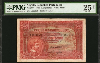 ANGOLA. Republica Portuguesa. 5 Angolares, 1926. P-66. PMG Very Fine 25 Net. Repaired.