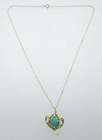 ANTIQUE 14k YEllow Gold Natural Pearl & Turquoise