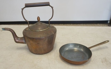 ANTIQUE COPPER AND BRASS TEA KETTLE AND PAN
