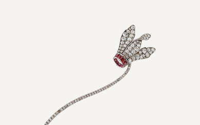 ANTIQUE DIAMOND AND RUBY FLOWER BROOCH