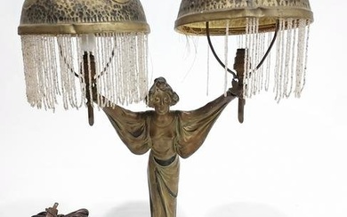 ART NOUVEAU JEWELED FIGURAL PATINATED METAL LAMP