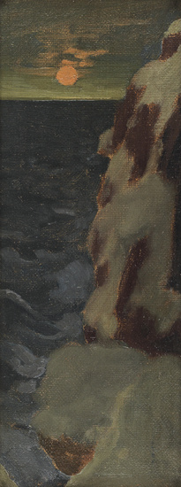 ARTHUR B. DAVIES Coastal Moonlight. Oil on canvas. 380x140 mm;14 1/2x5 1/2 inches....