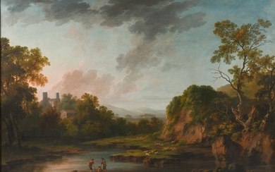 ATTRIBUTED TO GEORGE BARRET, IRISH CIRCA 1728-1784, CLASSICAL LANDSCAPE WITH FIGURES IN THE FOREGROUND, Oil on canvas, 50 x 69 in. (127 x 175.3 cm.), Frame: 53 x 71 1/2 in. (134.6 x 181.6 cm.)