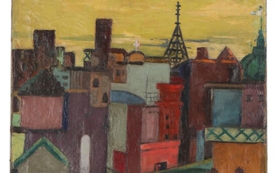 Abstract Cityscape Oil Painting, Mid-20th Century