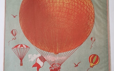 Affiche. Aérostation. Aviation. Affiche publicitaire lithographique représentant un ballon et des baudruches de manière humoristique....