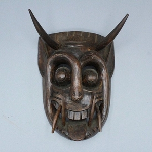 African Carved Wood Ceremonial Mask Face with Horn