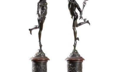 After Jean de Boulogne, known as Giambologna, (1529 - 1608), a pair of patinated bronze models of Mercury and Fame, late 19th century
