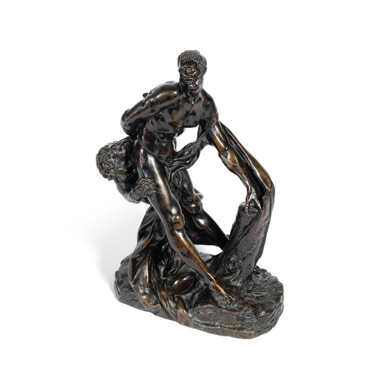 After Pierre Puget (French, 1620 -1694): A 19th century patinated bronze figure of "Milo of Croton"