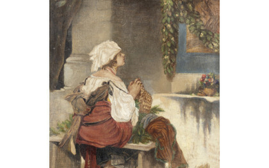 Alfredo Ricci ( Roma 1864 - 1889 ) , "In preghiera" olio su tela (cm 66x40,5) Firmato in basso a sinistra In cornice
