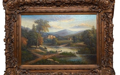 American School, "Landscape with Mountains and Figures in a Canoe on a River," late 19th/early 20th