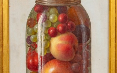 American School Oil on Paper Mounted to Board, "Still Life with Fruit in a Mason Jar", H 12.75" W
