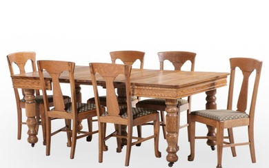 American Tiger Oak Renaissance Revival Style Dining Set, Early-Mid 20th Century